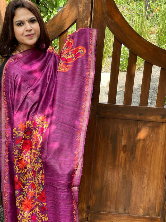 Purple Kashmiri Aari Embroidered Dupatta in Geecha Silk