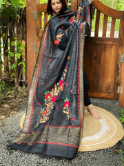 Black Kashmiri Aari Embroidered Dupatta in Geecha Silk