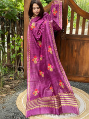 Purple Kashmiri Aari Embroidered Dupatta in Geecha Silk