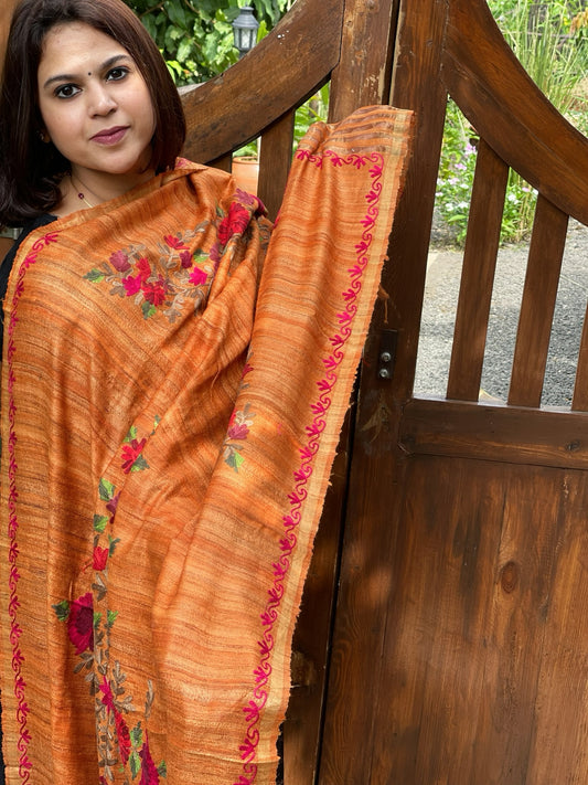 Orange Kashmiri Aari Embroidered Dupatta in Geecha Silk