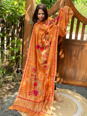 Orange Kashmiri Aari Embroidered Dupatta in Geecha Silk