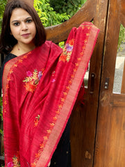 Red Kashmiri Aari Embroidered Dupatta in Geecha Silk
