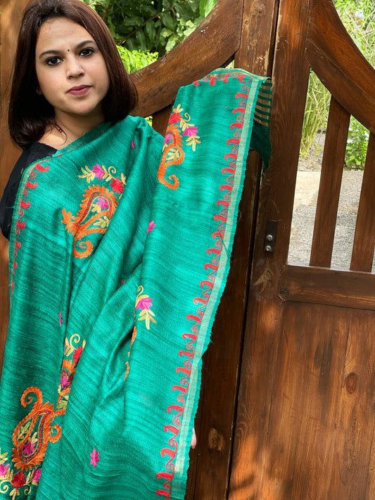 Green Kashmiri Aari Embroidered Dupatta in Geecha Silk