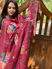 Maroonish Red Kashmiri Aari Embroidered Dupatta in Geecha Silk