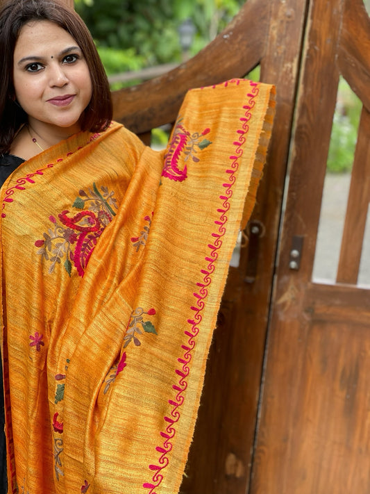 Yellow Kashmiri Aari Embroidered Dupatta in Geecha Silk