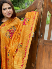Yellow Kashmiri Aari Embroidered Dupatta in Geecha Silk