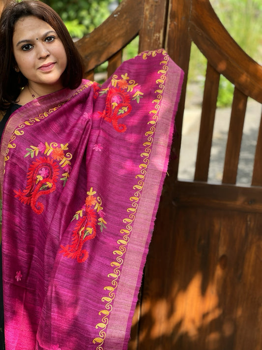 Purplish Pink Kashmiri Aari Embroidered Dupatta in Geecha Silk