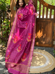 Purplish Pink Kashmiri Aari Embroidered Dupatta in Geecha Silk