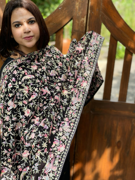 Black Pink Parsi Gara Embroidery Dupatta in Georgette