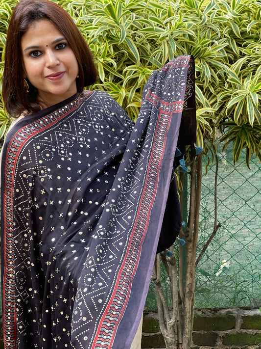 Black Handblock Printed Ajrakh Dupatta with Mukaish Handwork