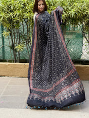 Black Handblock Printed Ajrakh Dupatta with Mukaish Handwork