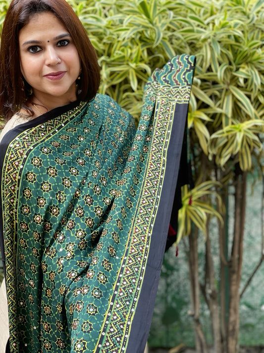 Green Handblock Printed Ajrakh Dupatta with Mukaish Handwork