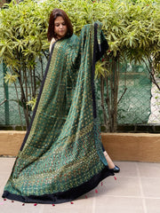 Green Handblock Printed Ajrakh Dupatta with Mukaish Handwork