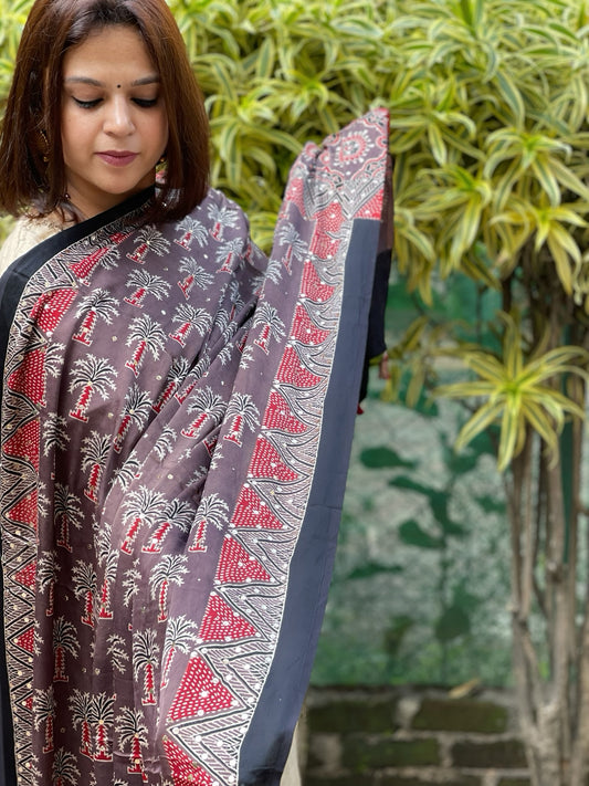 Purplish Brown Handblock Printed Ajrakh Dupatta with Mukaish Handwork
