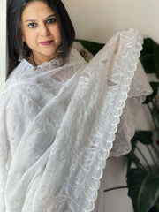 White Kota Cotton Dupatta with Cut Work Jaal