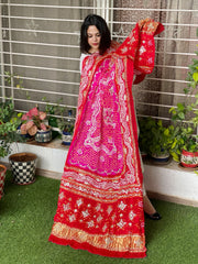 Pink Bandhani Dupatta with Gotapatti Handwork in Pure Silk