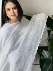 White Kota Cotton Dupatta with Cut Work Jaal
