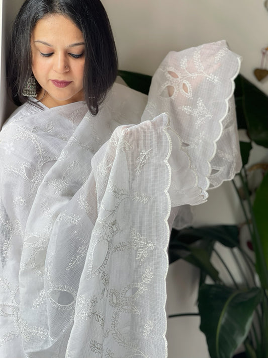 White Kota Cotton Dupatta with Cut Work Jaal
