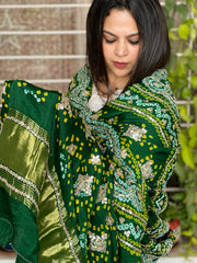 Green Bandhani Dupatta with Gotapatti Handwork in Pure Silk