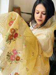 Yellow Tissue Organza Dupatta with cross-stitch embroidery