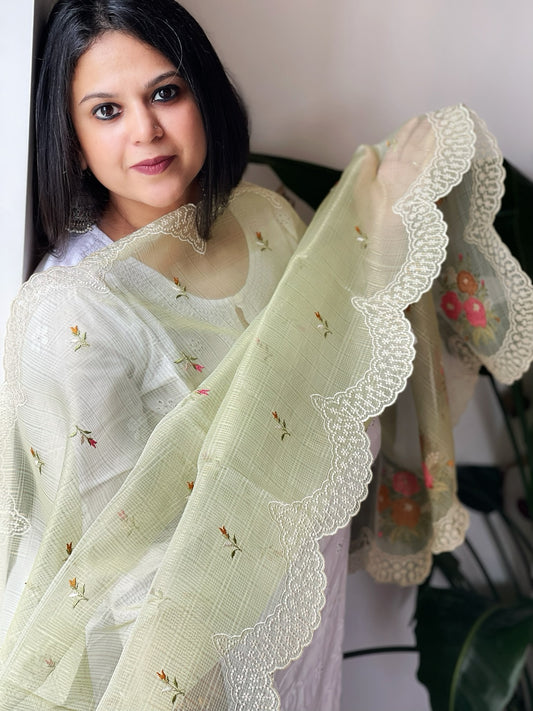 Pista Green Tissue Organza Dupatta with cross-stitch embroidery