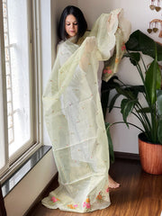 Pista Green Tissue Organza Dupatta with cross-stitch embroidery