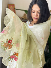 Pista Green Tissue Organza Dupatta with cross-stitch embroidery