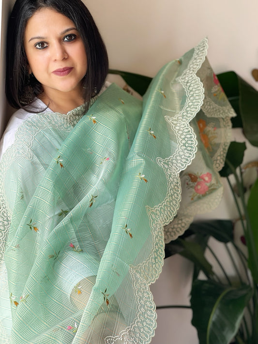 Aqua Blue Tissue Organza Dupatta with cross-stitch embroidery