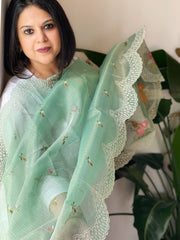 Aqua Blue Tissue Organza Dupatta with cross-stitch embroidery