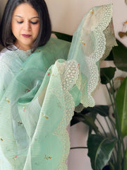 Aqua Blue Tissue Organza Dupatta with cross-stitch embroidery