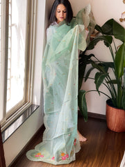 Aqua Blue Tissue Organza Dupatta with cross-stitch embroidery