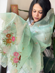 Aqua Blue Tissue Organza Dupatta with cross-stitch embroidery