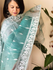 Sea Green Handwoven Jamdani Dupatta in Pure Muslin
