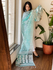 Sea Green Handwoven Jamdani Dupatta in Pure Muslin