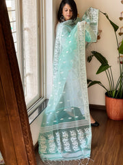 Lite Sea Green Handwoven Jamdani Dupatta in Pure Muslin
