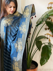 Ajrakh Handblock Printed Organza Crepe Dupatta with Banarasi Border