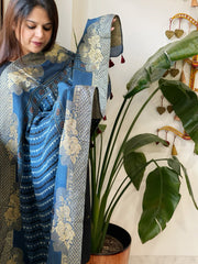 Ajrakh Handblock Printed Organza Crepe Dupatta with Banarasi Border