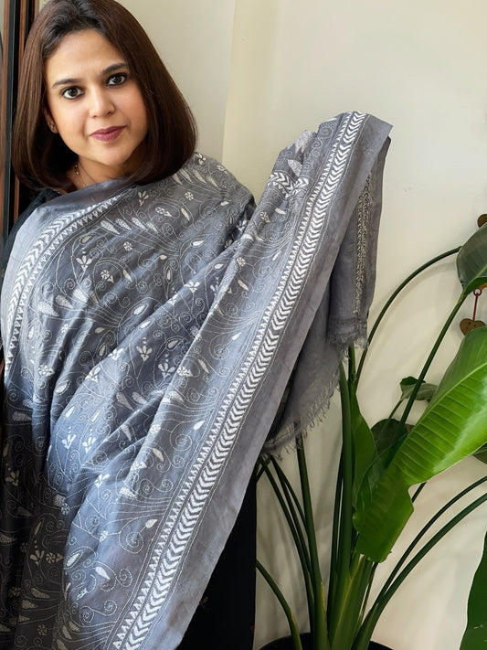 Grey Handmade Kantha Dupatta in Silk