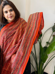 Orange, Maroon Handmade Kantha Dupatta in Silk