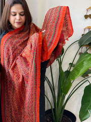 Orange, Maroon Handmade Kantha Dupatta in Silk
