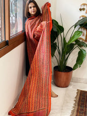 Orange, Maroon Handmade Kantha Dupatta in Silk