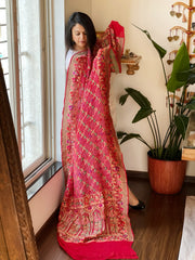 Red Rai Bandhej Dupatta with Meenakari Jaal design in Georgette