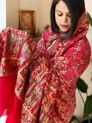 Red Rai Bandhej Dupatta with Meenakari Jaal design in Georgette