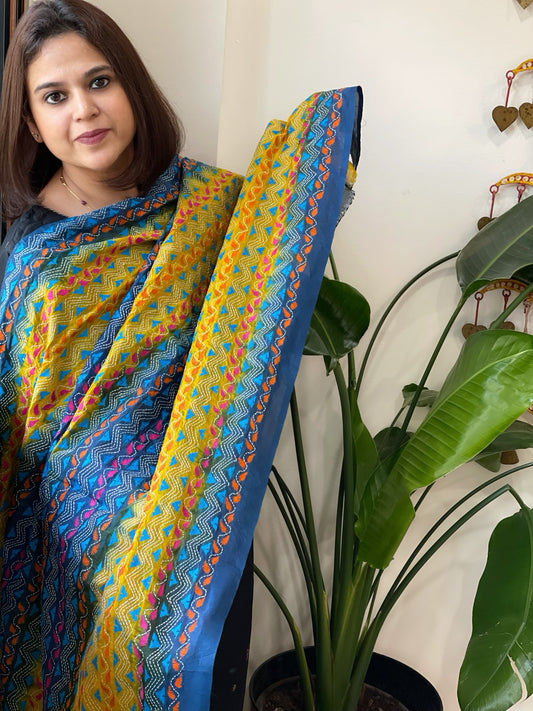 Yellow, Blue Handmade Kantha Dupatta in Silk
