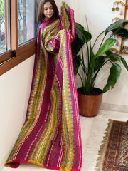 Yellow, Pink Handmade Kantha Dupatta in Silk