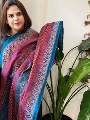 Blue, Pink Handmade Kantha Dupatta in Silk