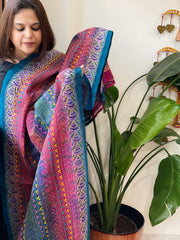 Blue, Pink Handmade Kantha Dupatta in Silk