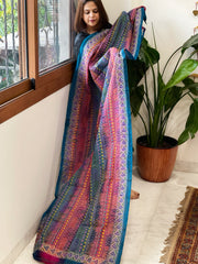Blue, Pink Handmade Kantha Dupatta in Silk