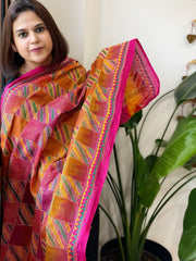 Pink, Yellow Handmade Kantha Dupatta in Silk