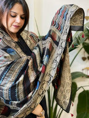 Ajrakh Handblock Printed Organza Crepe Dupatta with Banarasi Border